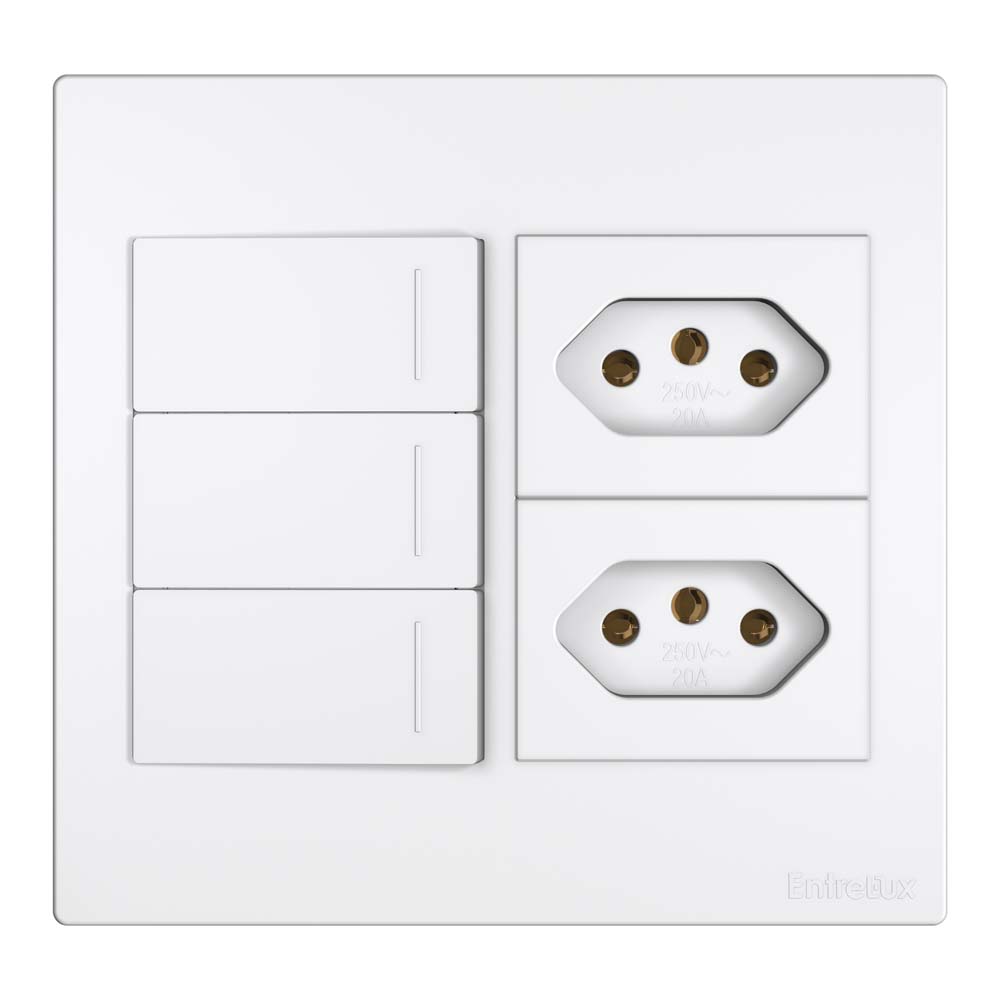 Classic 4×4 interruptor triplo + tomada dupla branco