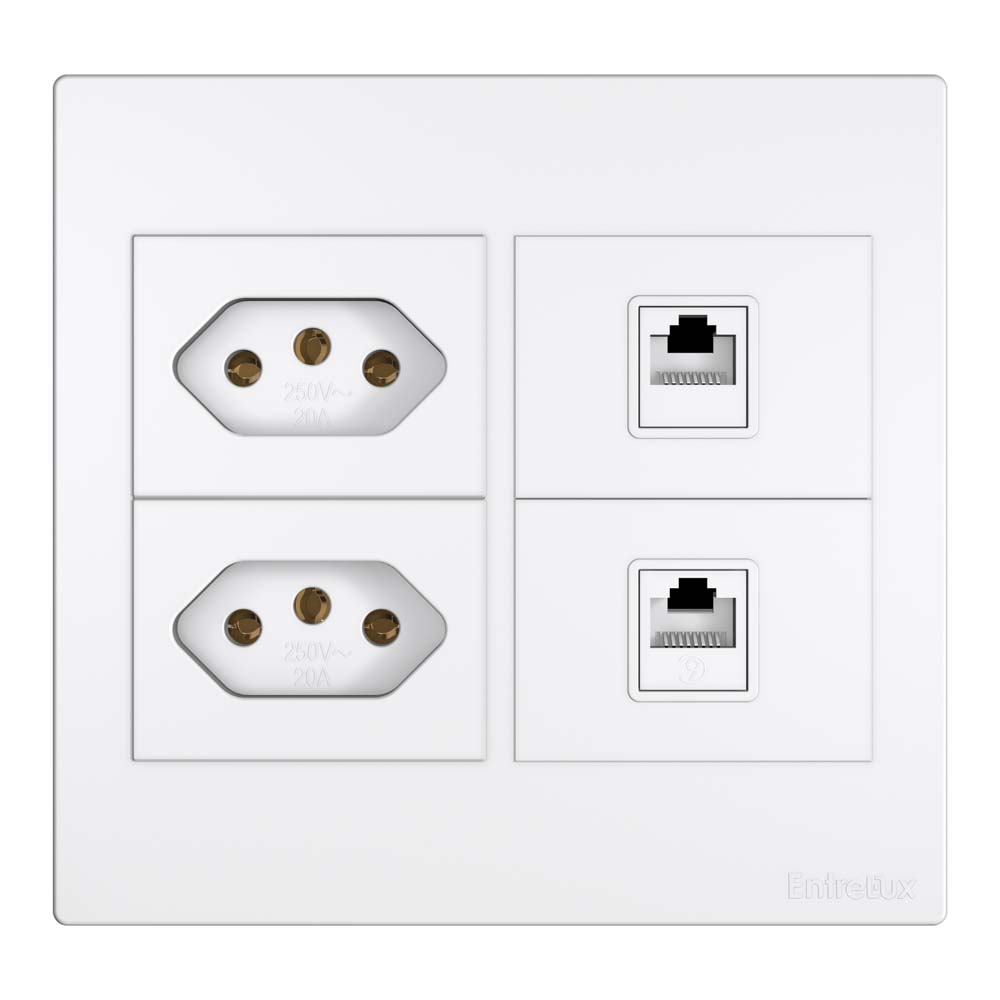 Classic 4×4 tomada dupla + entrada RJ45 + entrada RJ11 branco