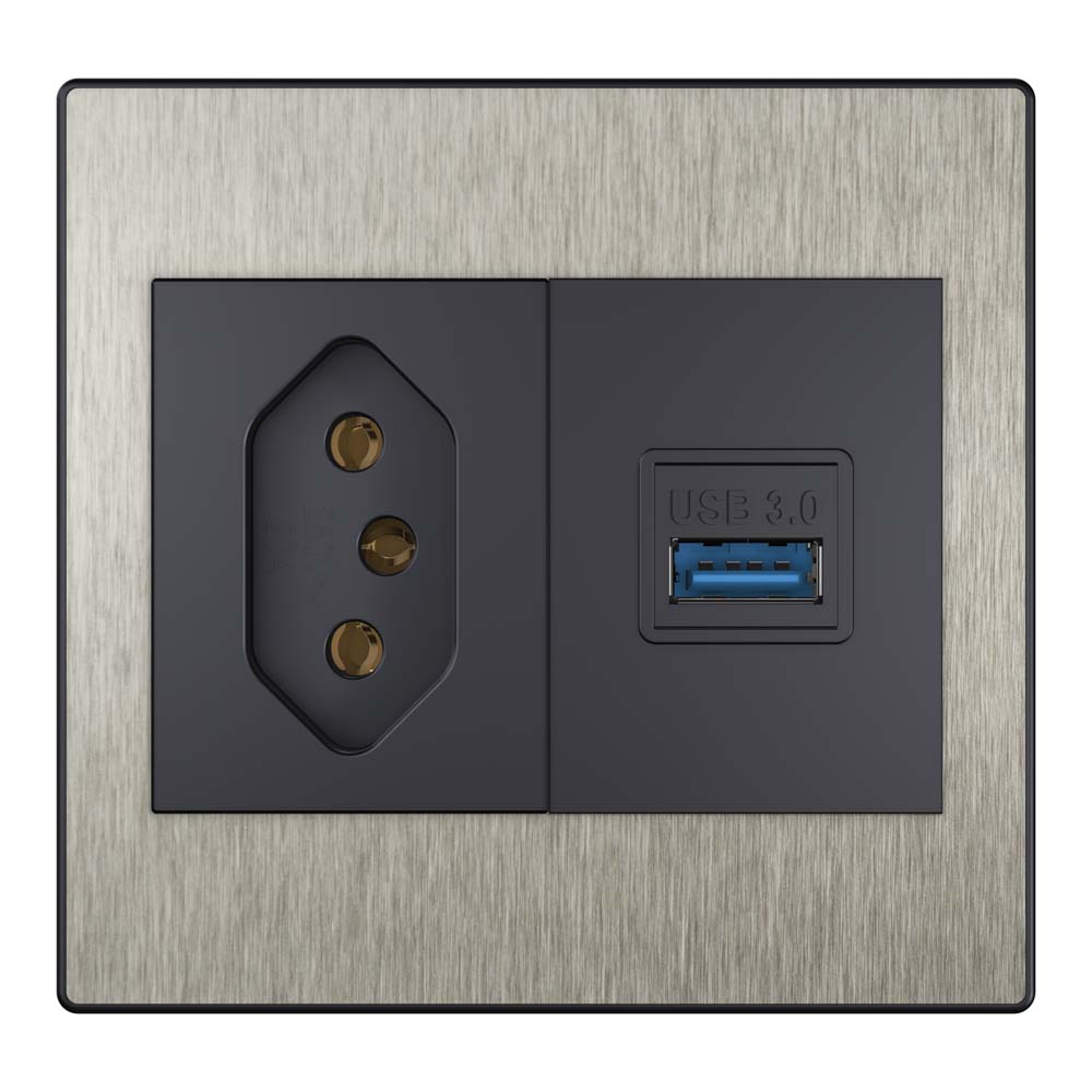 Fit steel tomada + USB aço escovado