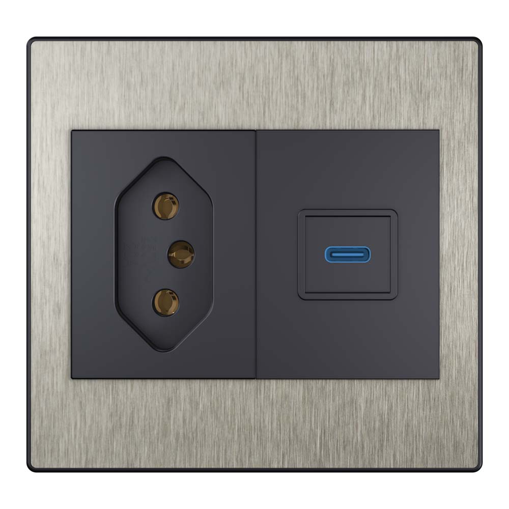 Fit steel tomada + entrada C aço escovado