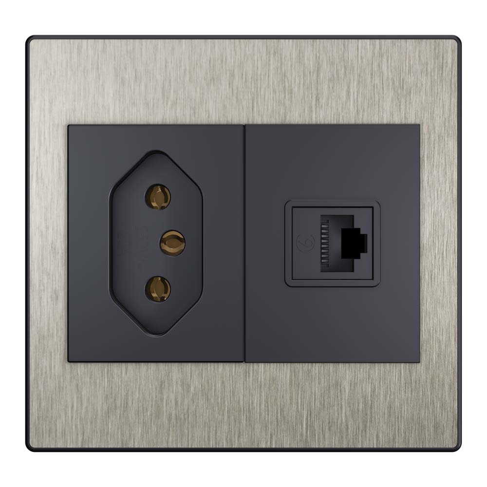 Fit steel tomada + entrada RJ45 aço escovado
