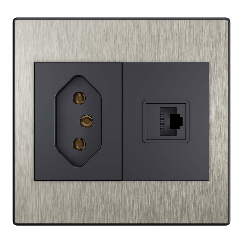 Fit steel tomada + entrada RJ11 aço escovado