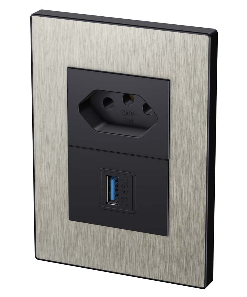 Steel tomada + USB aço escovado