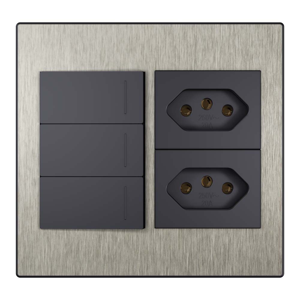 Steel 4×4 interruptor triplo + tomada dupla aço escovado