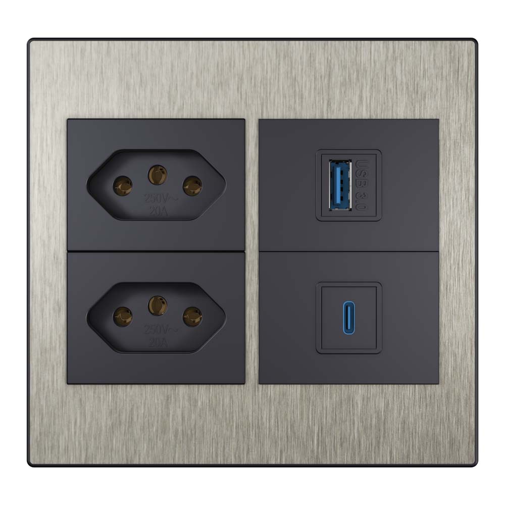 Steel 4×4 dupla tomada + entrada USB + entrada C aço escovado
